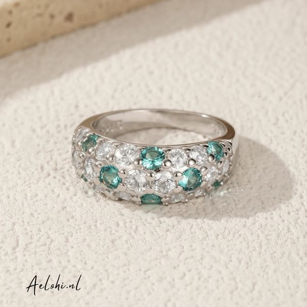 Sterling Zilveren Ring met Pavé Gezette Witte & Aqua Zirkonia