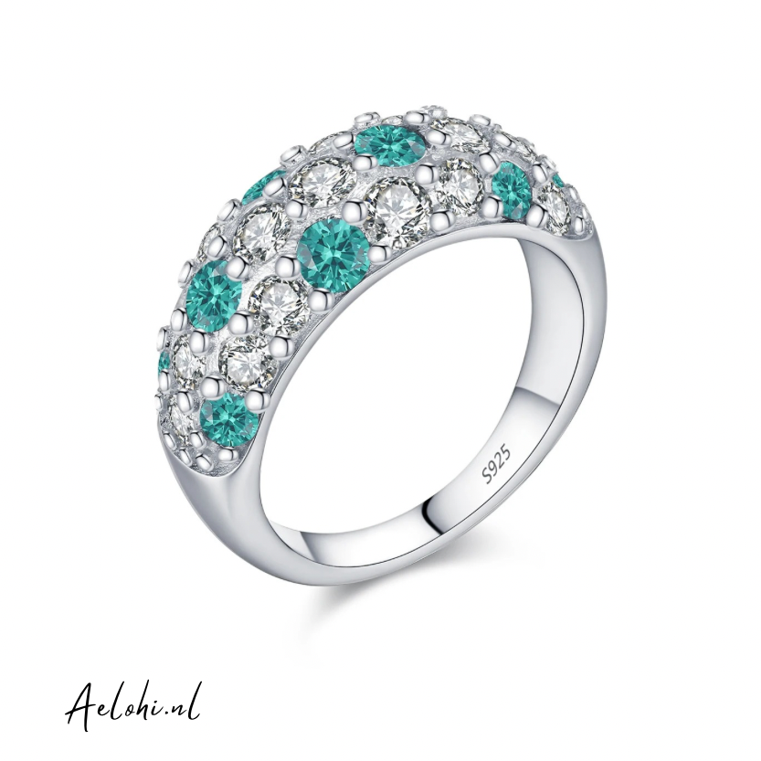 Sterling Zilveren Ring met Pavé Gezette Witte & Aqua Zirkonia