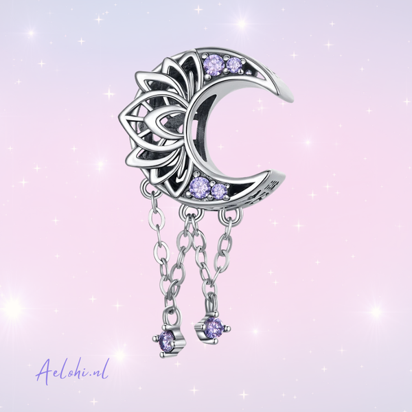 Sterling silver charm – Moon with lotus and zirconia | Miracles and Magic collection
