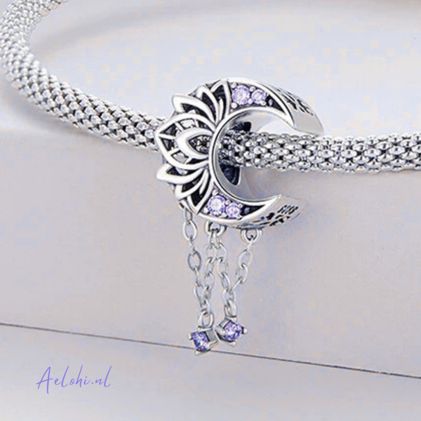 Sterling silver charm – Moon with lotus and zirconia | Miracles and Magic collection