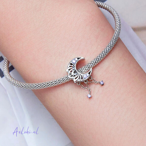 Sterling silver charm – Moon with lotus and zirconia | Miracles and Magic collection