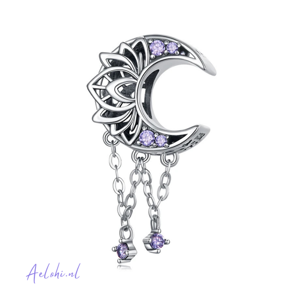 Sterling silver charm – Moon with lotus and zirconia | Miracles and Magic collection