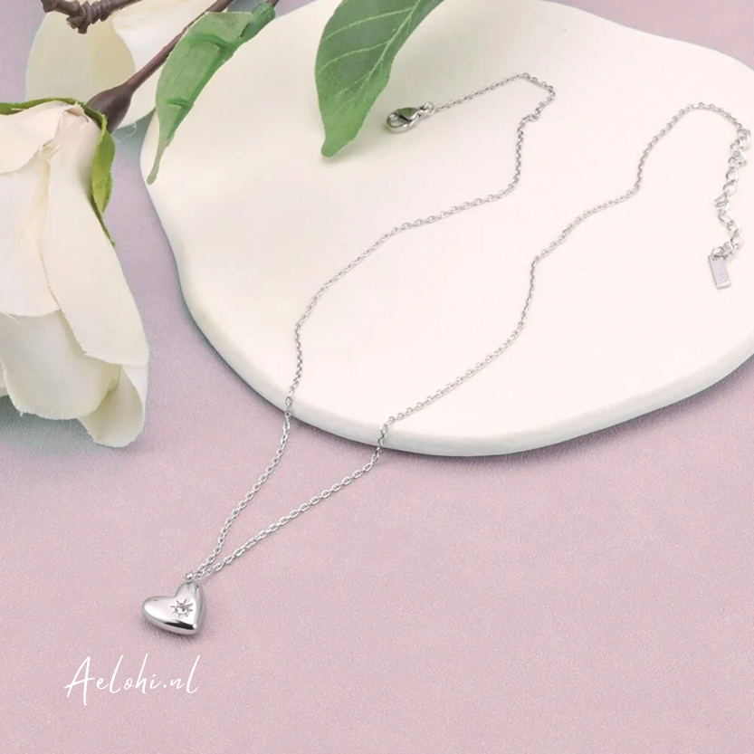 Stainless Steel Necklace with Heart Charm &amp; Zirconia