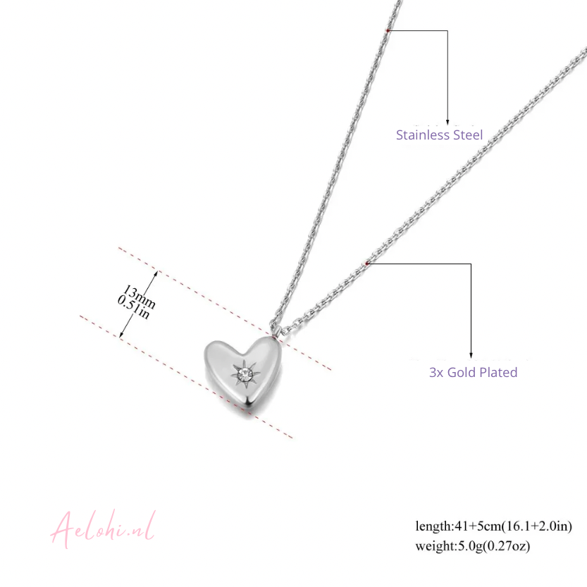 Stainless Steel Necklace with Heart Charm &amp; Zirconia