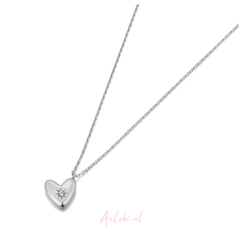 Stainless Steel Necklace with Heart Charm &amp; Zirconia