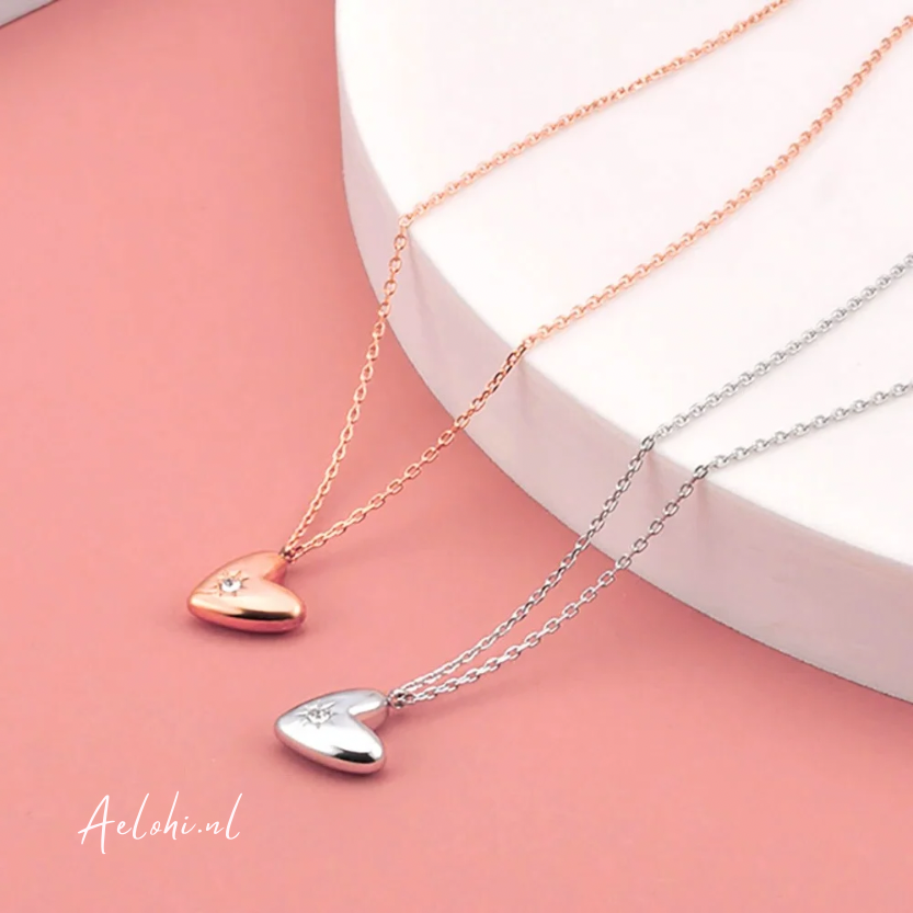 Stainless Steel Necklace with Heart Charm &amp; Zirconia