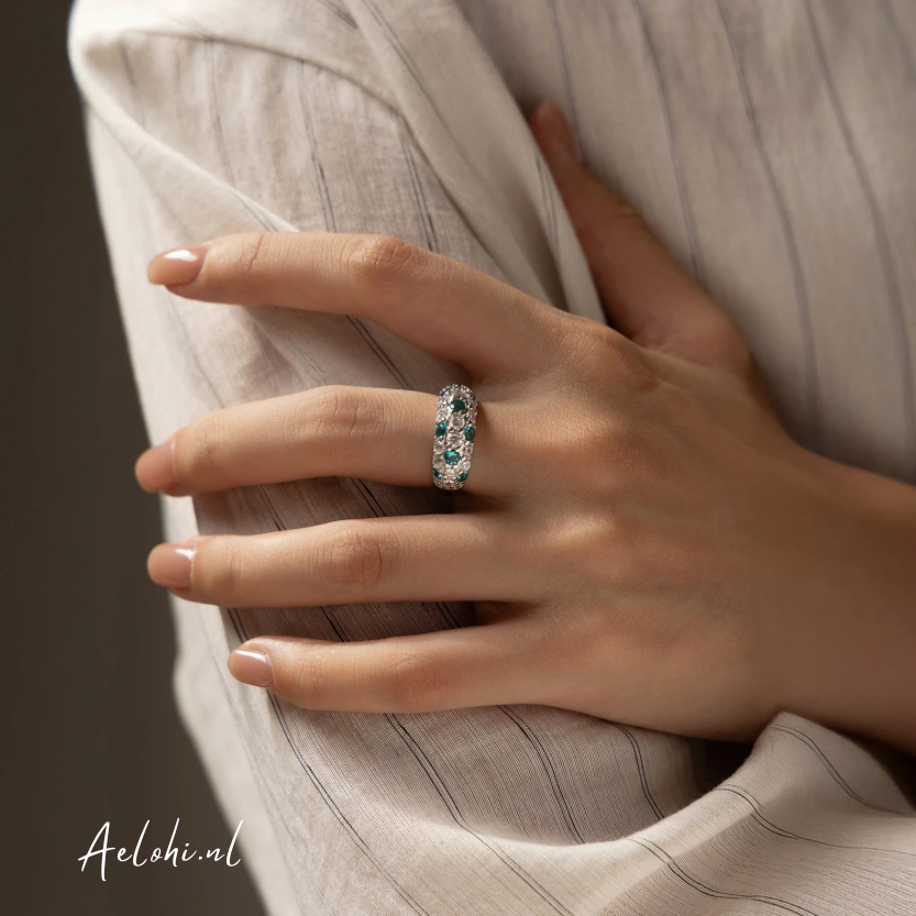 Sterling Zilveren Ring met Pavé Gezette Witte & Aqua Zirkonia