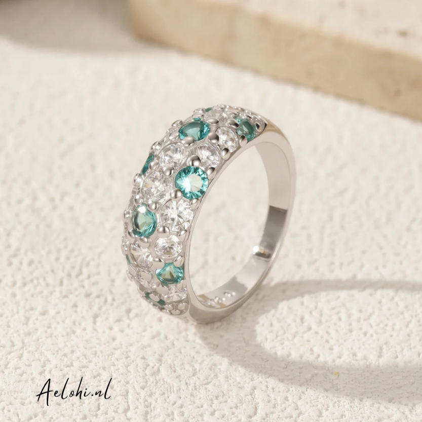 Sterling Zilveren Ring met Pavé Gezette Witte & Aqua Zirkonia
