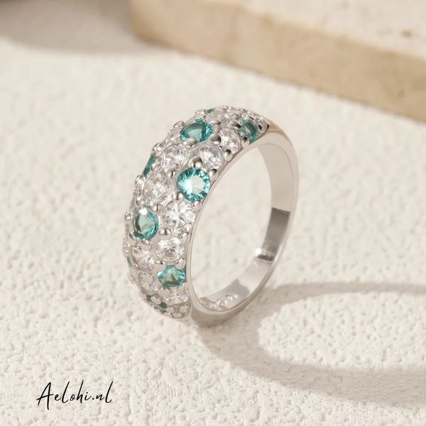 Sterling Zilveren Ring met Pavé Gezette Witte & Aqua Zirkonia