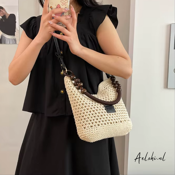 Summer Crochet Shoulder/Handbag – Natural with Wooden Accents
