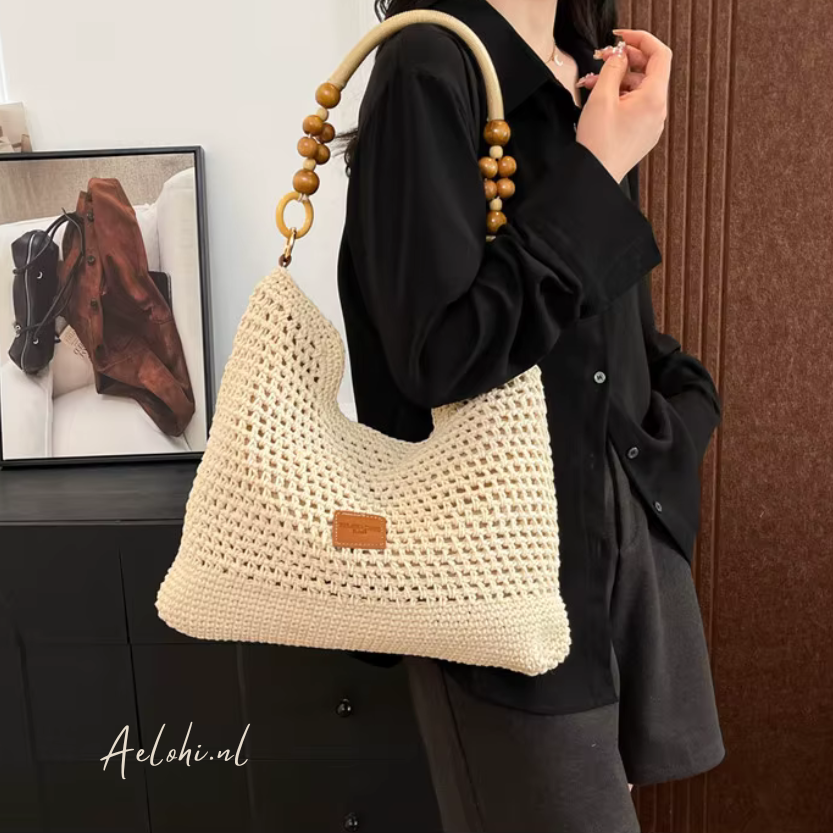 Summer Crochet Shoulder/Handbag – Natural with Wooden Accents