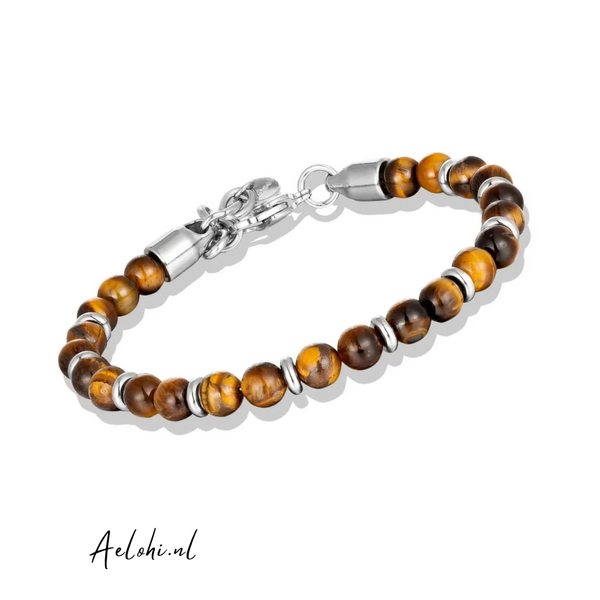 Tiger Eye 6mm Beaded Men's Bracelet – 19cm with Stainless Steel Accents