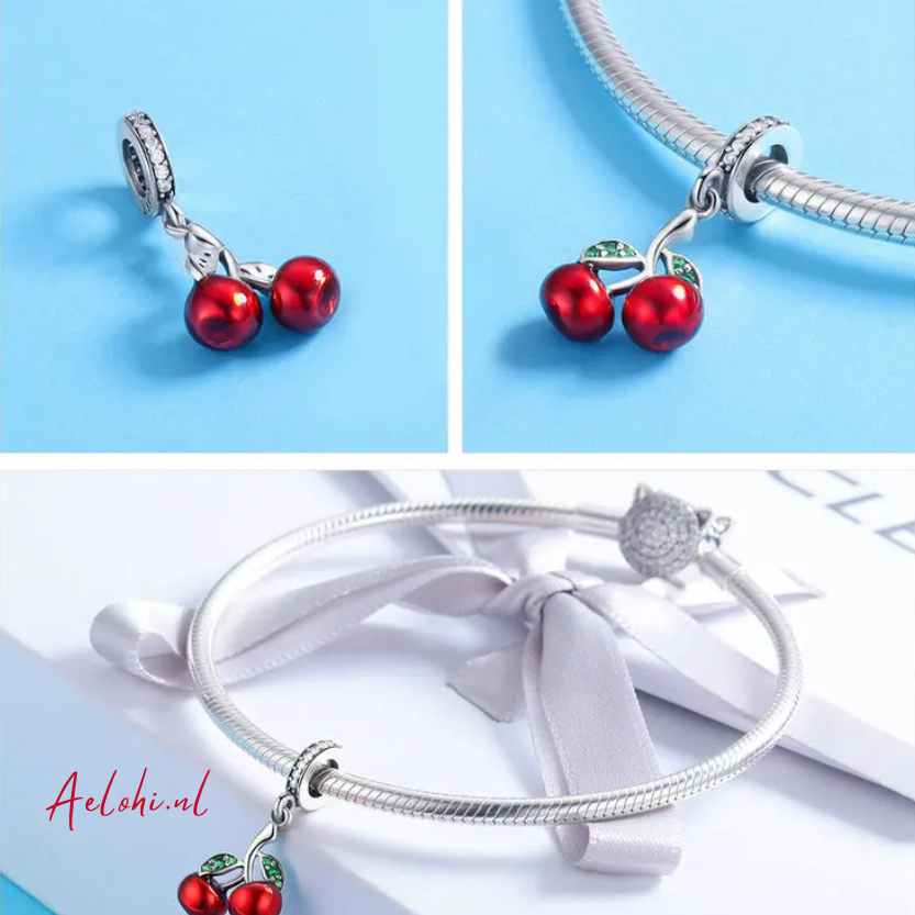 Sterling Silver 925 Cherry Charm with Cubic Zirconia
