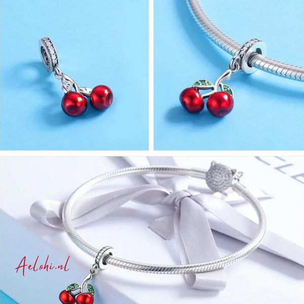Sterling Silver 925 Cherry Charm with Cubic Zirconia