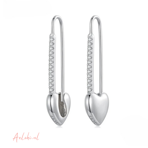 Pin Earrings with Heart and Zirconia Sterling Silver