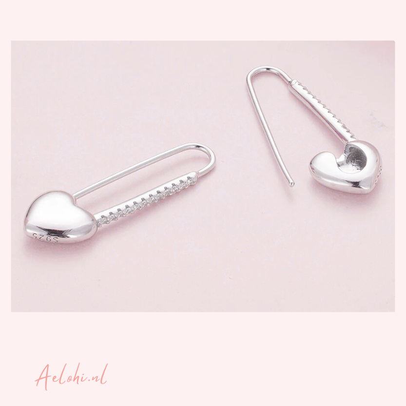 Pin Earrings with Heart and Zirconia Sterling Silver