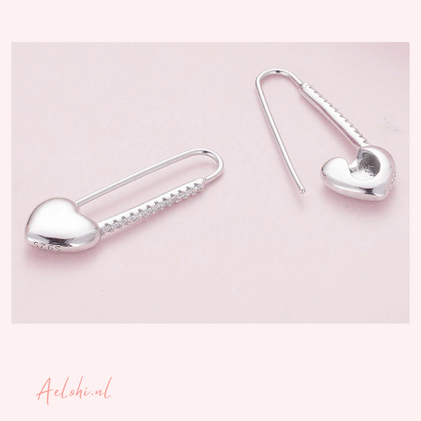 Pin Earrings with Heart and Zirconia Sterling Silver