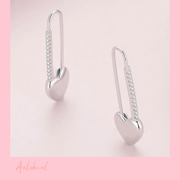 Pin Earrings with Heart and Zirconia Sterling Silver