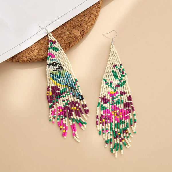 Boho Lange Oorbellen – Vogel & Bloementakje