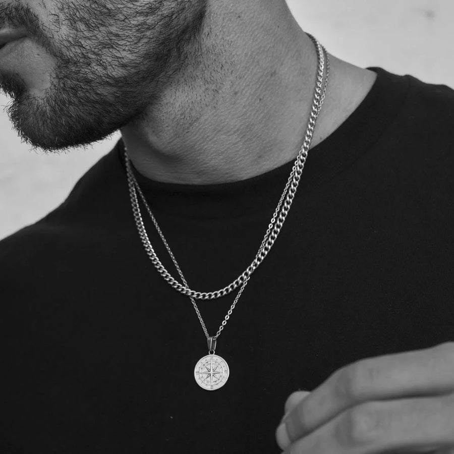 Layered Men's Cuban Necklace Set – Stainless Steel Compass Pendant